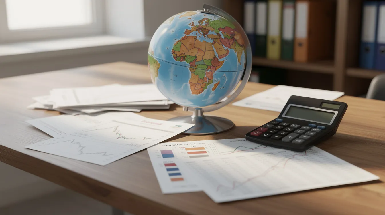 The image depicts a globe resting on a desk, surrounded by various financial documents and a calculator, symbolizing global investments and the interconnectedness of private equity funds and institutional investors in the financial landscape. This setup highlights the importance of private equity investment strategies in managing assets and creating value across different markets.