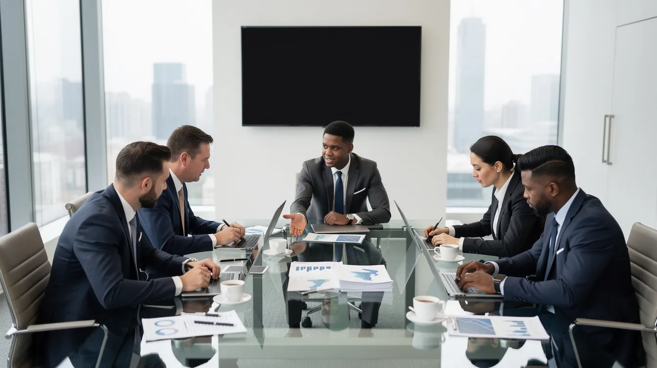 A group of business professionals is engaged in a discussion around a conference table, surrounded by documents and laptops, likely strategizing on private equity investments and the management of private equity funds. The atmosphere is collaborative, reflecting the dynamics of the private equity industry and its focus on investment strategies involving both private and publicly traded companies.