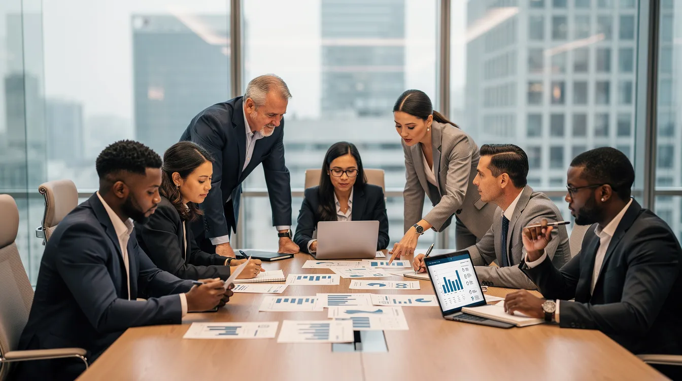 A diverse group of business professionals is gathered around a conference table in a modern office, reviewing documents and discussing investment opportunities related to private equity firms and portfolio companies. The scene reflects a collaborative atmosphere, highlighting the importance of strategic insights in the world of private equity investments.