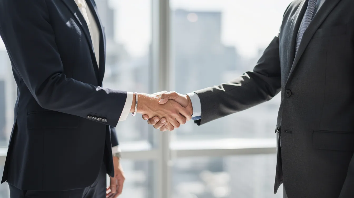 The image depicts a professional handshake between two individuals dressed in business attire, standing in front of a bright office window. This scene symbolizes partnership and collaboration, often seen in the context of private equity investments and strategic acquisitions within the corporate world.