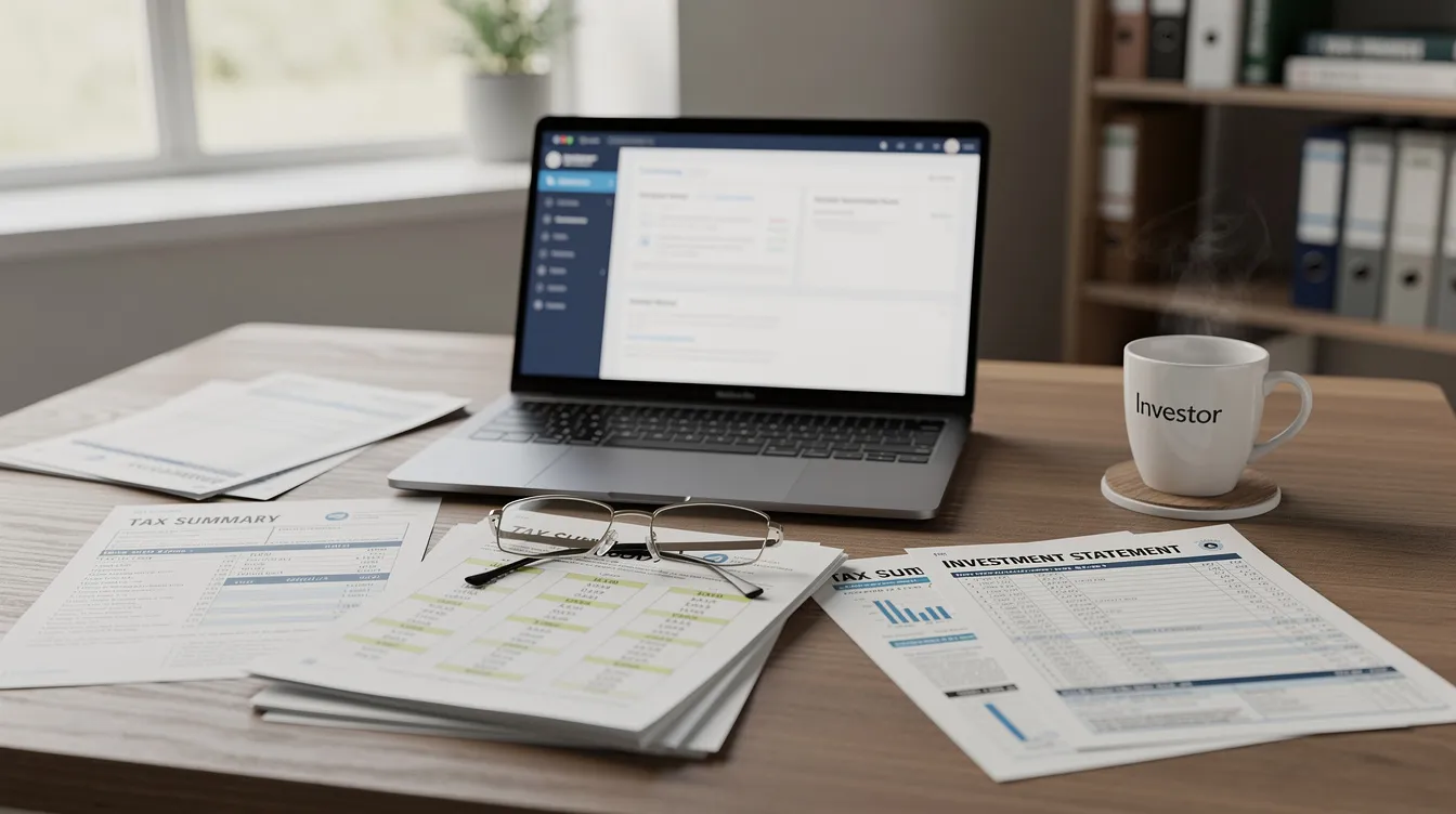 The image depicts a professional workspace with a laptop and financial documents scattered across a desk, accompanied by reading glasses and a coffee cup, illustrating the preparation for tax season. This setting emphasizes the importance of tax reporting and preparation for investors, including considerations for private equity investments and tax liabilities.