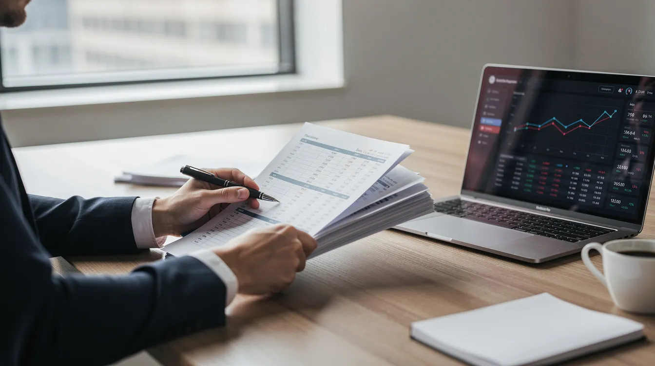 An investor is seated at a desk, intently reviewing financial documents with a pen in one hand and a laptop open in front of them, reflecting the meticulous nature of private equity investment analysis. The scene captures the essence of due diligence and the strategic planning involved in private equity transactions.