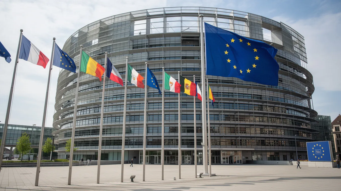 The image shows the exterior of the European Parliament building, featuring a modern architectural design with large glass panels and a prominent entrance, flanked by various flags representing European Union member states. This iconic structure symbolizes the governance and regulatory requirements that influence private equity transactions and investments within the European Union.