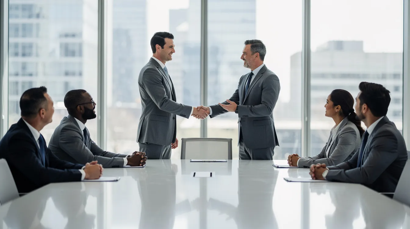 The image depicts a business handshake between two professionals in a corporate boardroom, symbolizing a successful private equity transaction. The setting reflects a formal atmosphere, highlighting the significance of investment partnerships and the role of private equity firms in facilitating business deals.