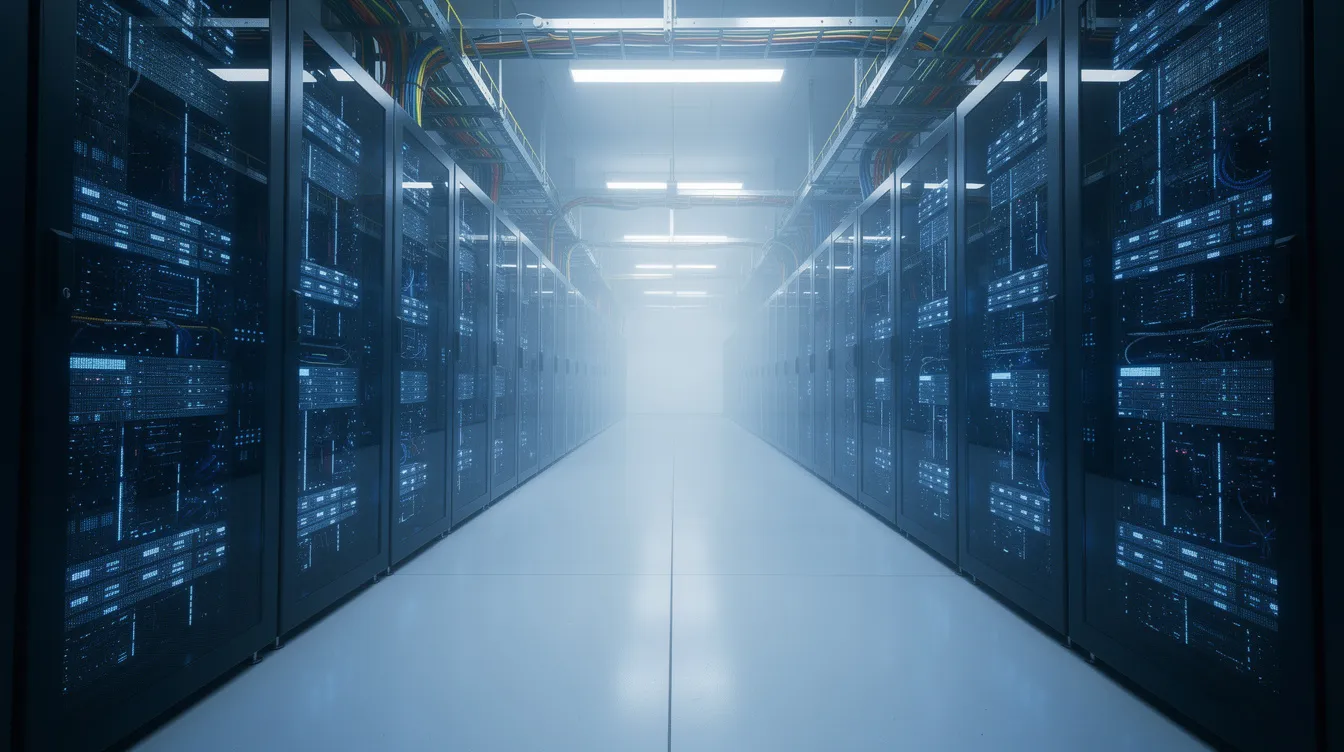 The image depicts a modern data center filled with rows of server equipment illuminated by blue lighting, showcasing the high-tech environment essential for managing private equity funds and investment opportunities. This sophisticated setup reflects the infrastructure supporting private equity firms and their portfolio companies in today's digital landscape.