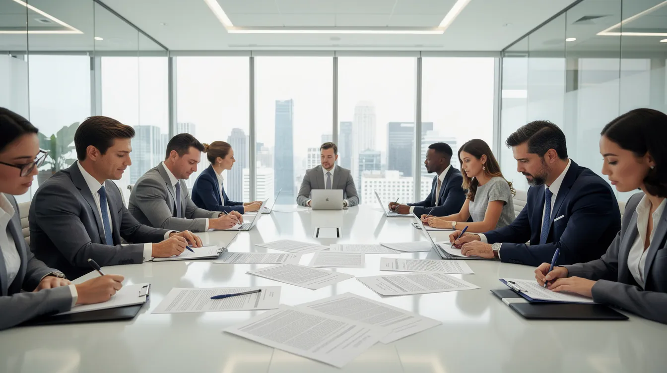 The image depicts a group of professionals engaged in a detailed review of legal documents at a large conference table in a modern office setting, likely discussing private equity transactions and investment opportunities. The atmosphere suggests a focus on regulatory requirements and contractual arrangements related to private equity funds and their portfolio companies.