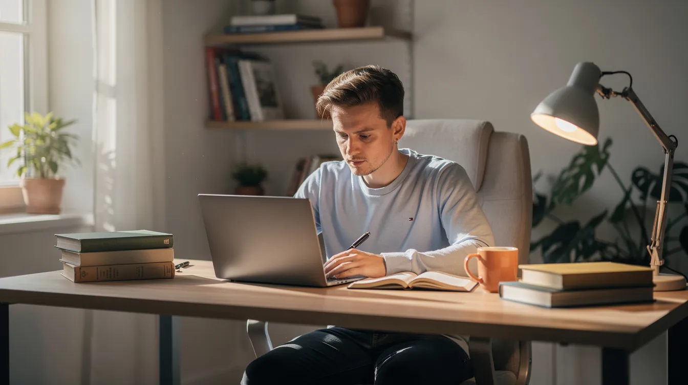 The image depicts a person deeply focused on studying at a desk, equipped with a laptop and a notebook, in a bright room. This setting suggests a commitment to understanding financial modeling concepts relevant to private equity firms and investment decisions.