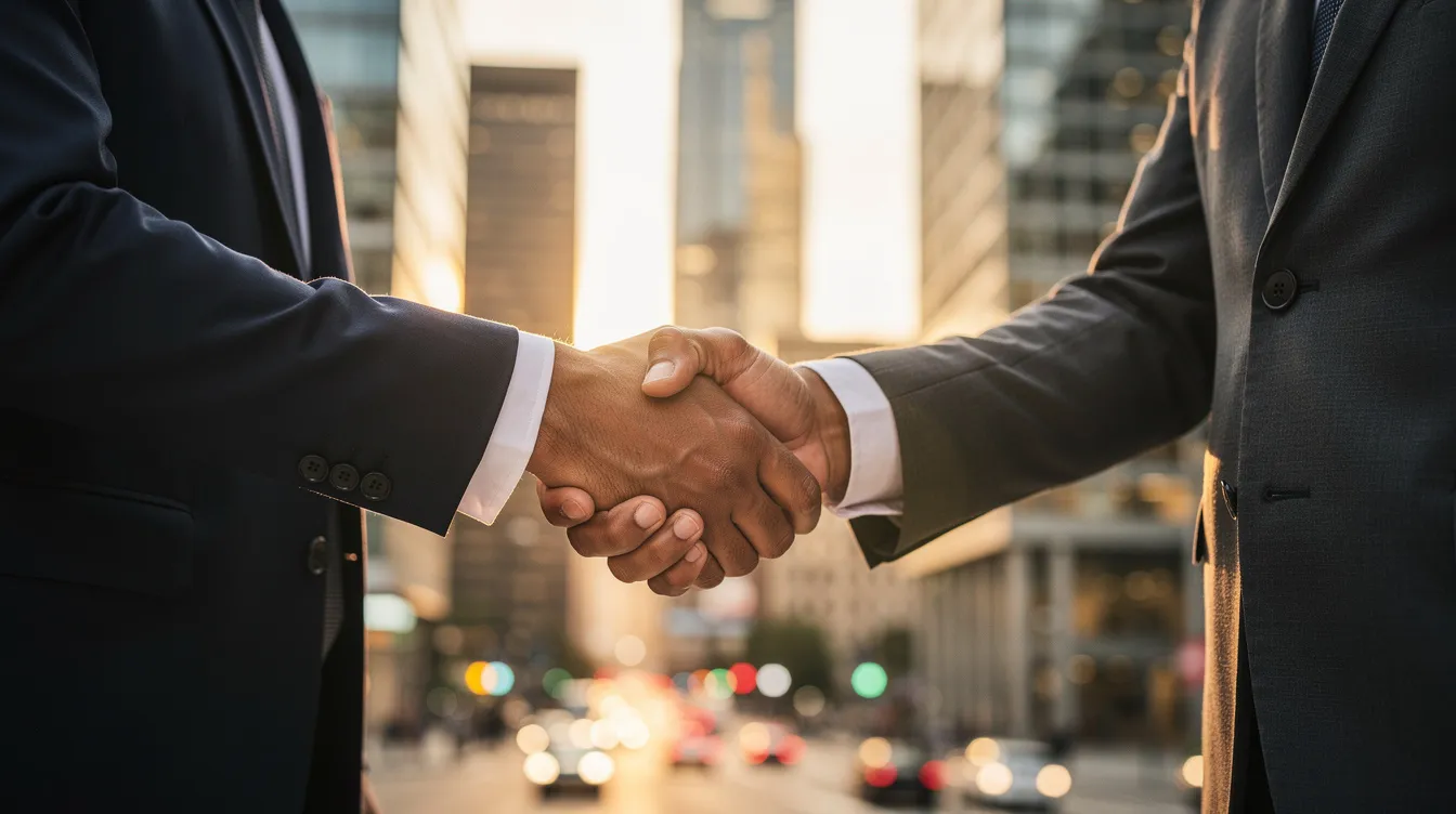 The image depicts a business handshake in front of a city skyline, symbolizing a successful deal exit often associated with private equity firms. This moment represents the culmination of financial modeling and investment decisions that lead to favorable outcomes for investors and portfolio companies.