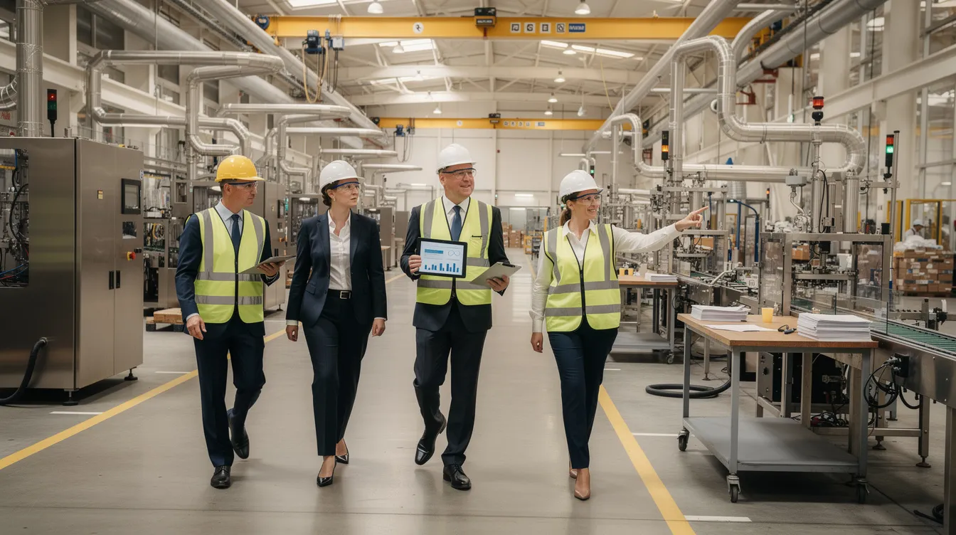 Executives in business attire walking through an industrial facility during an operational review, illustrating hands-on portfolio company improvement by private equity owners