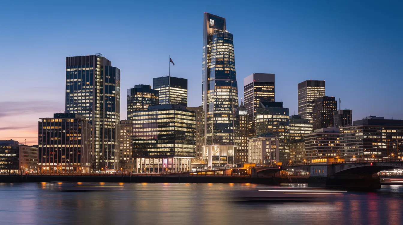 A financial district skyline at dusk with illuminated towers, evoking the scale of the private equity industry and the capital markets it operates within
