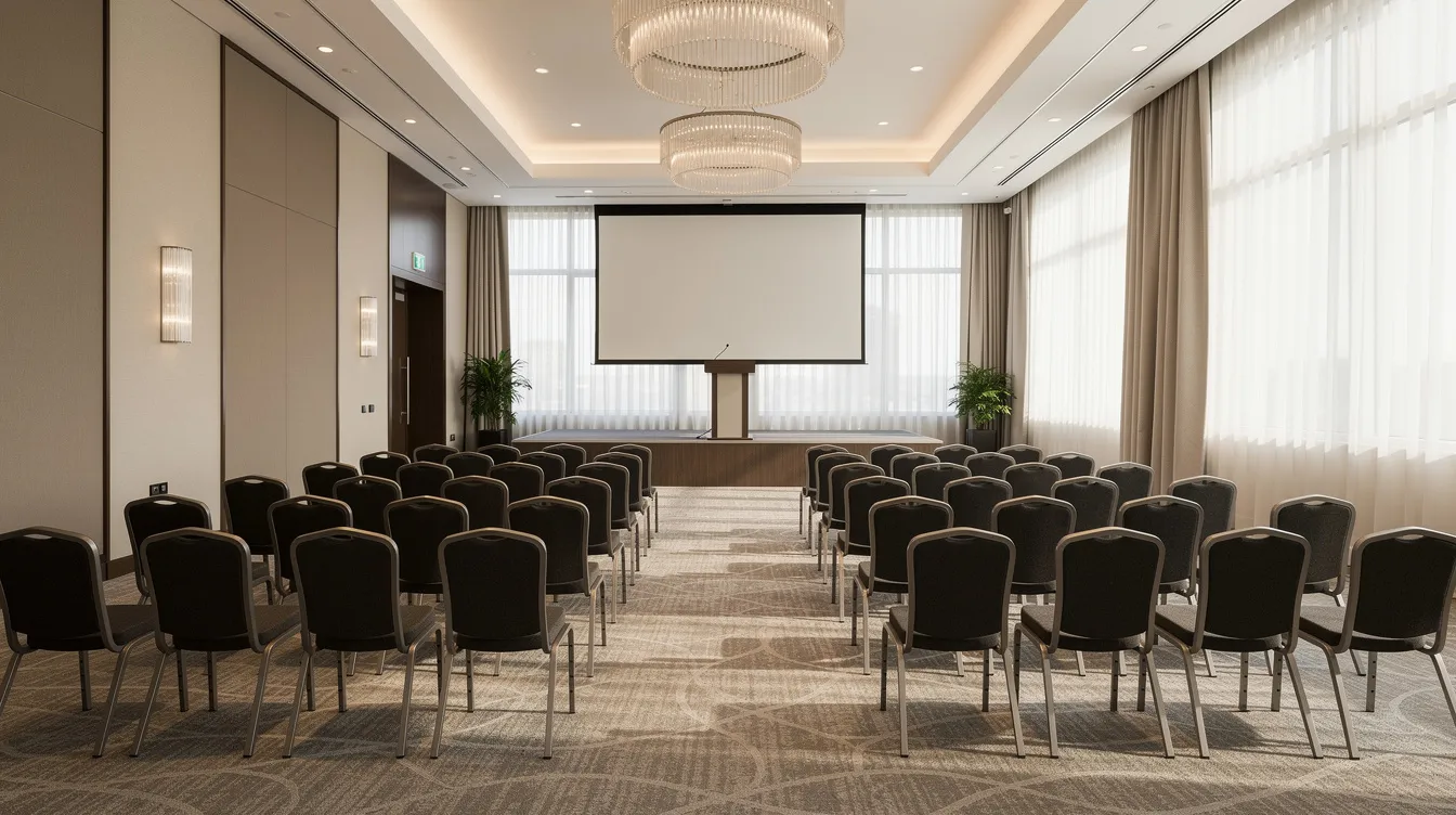 The image depicts an elegant hotel conference space set up for a keynote presentation, featuring rows of chairs and large windows that allow natural light to fill the room. This venue is ideal for a private markets forum, where professionals gather to explore insights on alternative investments and connect with accredited investors.