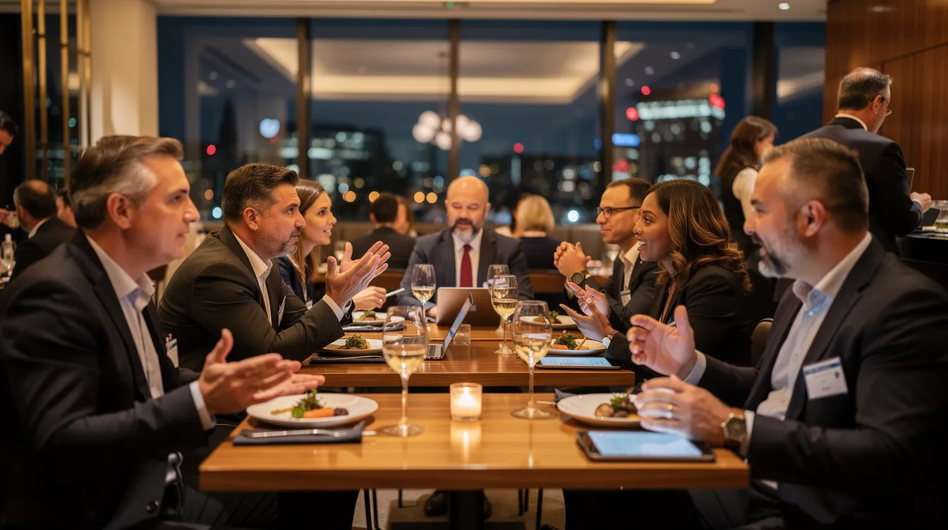 The image depicts small groups of investors engaged in animated discussions during a networking dinner at a modern restaurant, highlighting the vibrant atmosphere of a private markets forum. The attendees, including accredited investors and professionals from various sectors such as private equity and venture capital, connect and share insights about alternative investments and finance.