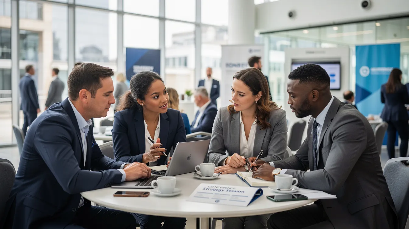 A group of professionals in business attire is engaged in a focused discussion around a small round table at a private markets forum, emphasizing topics related to alternative investments and private equity. The atmosphere reflects a collaborative effort to explore insights and opportunities in the finance and investing sectors.