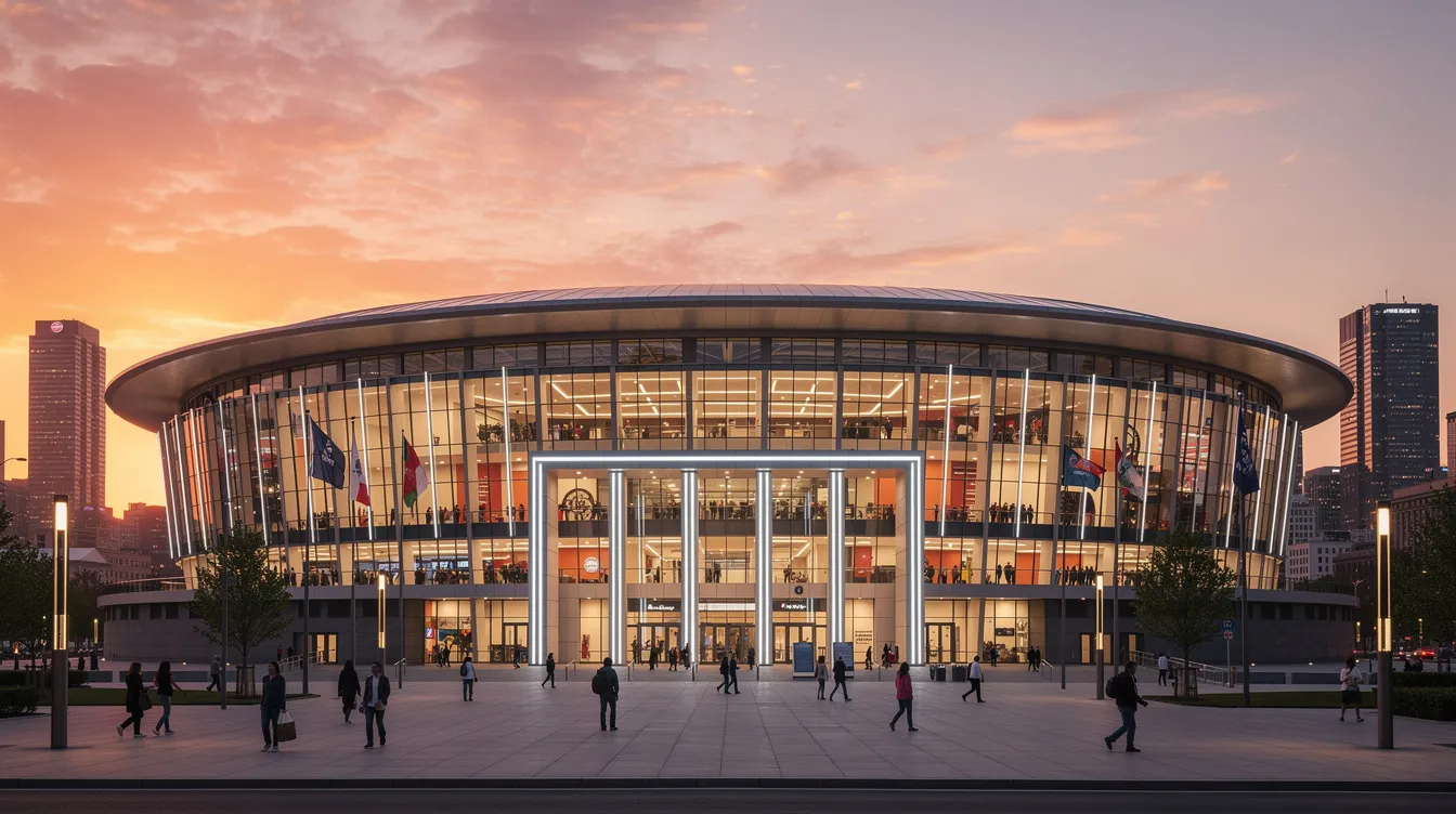 The image depicts a modern sports arena's exterior illuminated by the warm hues of sunset, with a vibrant city skyline in the background, symbolizing the bustling environment of professional sports teams and the opportunities in sports ownership and investing. The scene captures the essence of major sports leagues and the excitement surrounding sporting events in urban settings.
