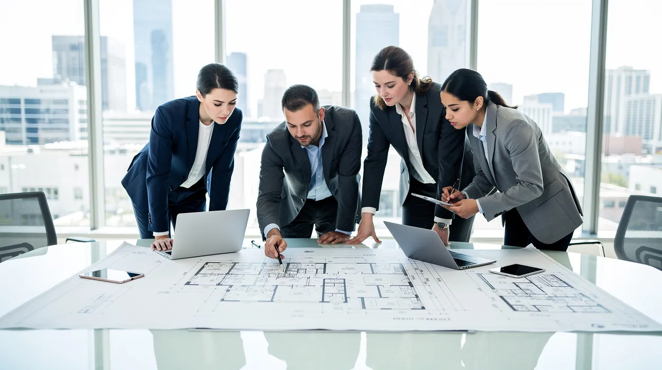 A professional team of real estate investors is gathered around a conference table, intently reviewing architectural blueprints and discussing investment strategies for upcoming commercial real estate projects. The atmosphere is focused on optimizing rental income and ensuring due diligence for their real estate investment portfolio.