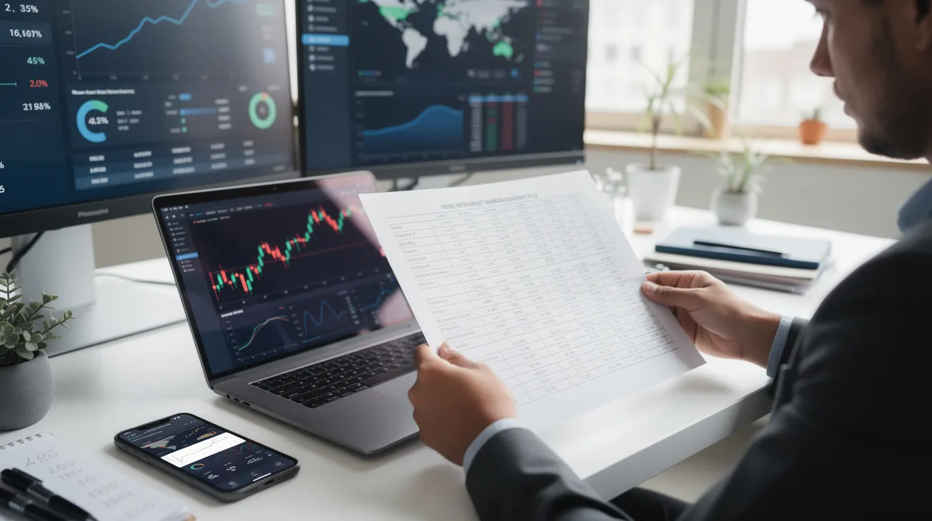 A real estate investor is seated at a modern desk, intently reviewing financial documents and charts that outline their investment strategy and potential rental income. The scene highlights the importance of due diligence and informed decision-making in real estate investing, showcasing various real estate properties and investment opportunities.