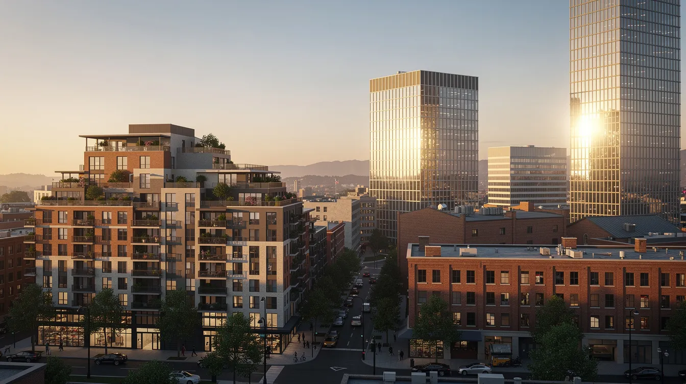 The image showcases a panoramic view of a diverse cityscape during golden hour, featuring a mix of residential and commercial buildings, symbolizing the vibrant real estate market and various investment opportunities available for real estate investors. The warm hues of sunset highlight the potential for rental income and the dynamic nature of real estate assets in urban environments.