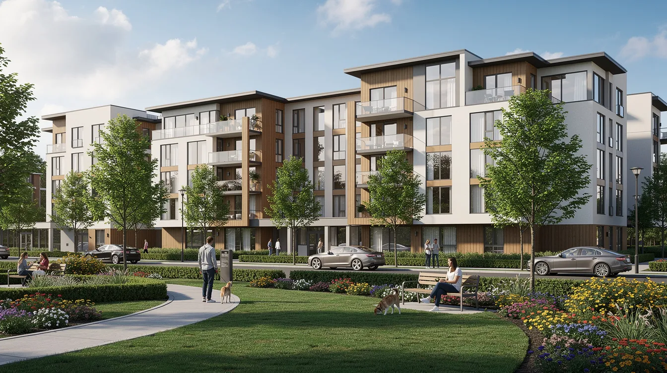 The image depicts a modern apartment complex surrounded by well-maintained landscaping in a suburban area, showcasing attractive rental properties that could be appealing for real estate investors seeking investment opportunities in the rental income market. The design emphasizes a blend of comfort and aesthetics, suitable for those interested in real estate investment strategies.