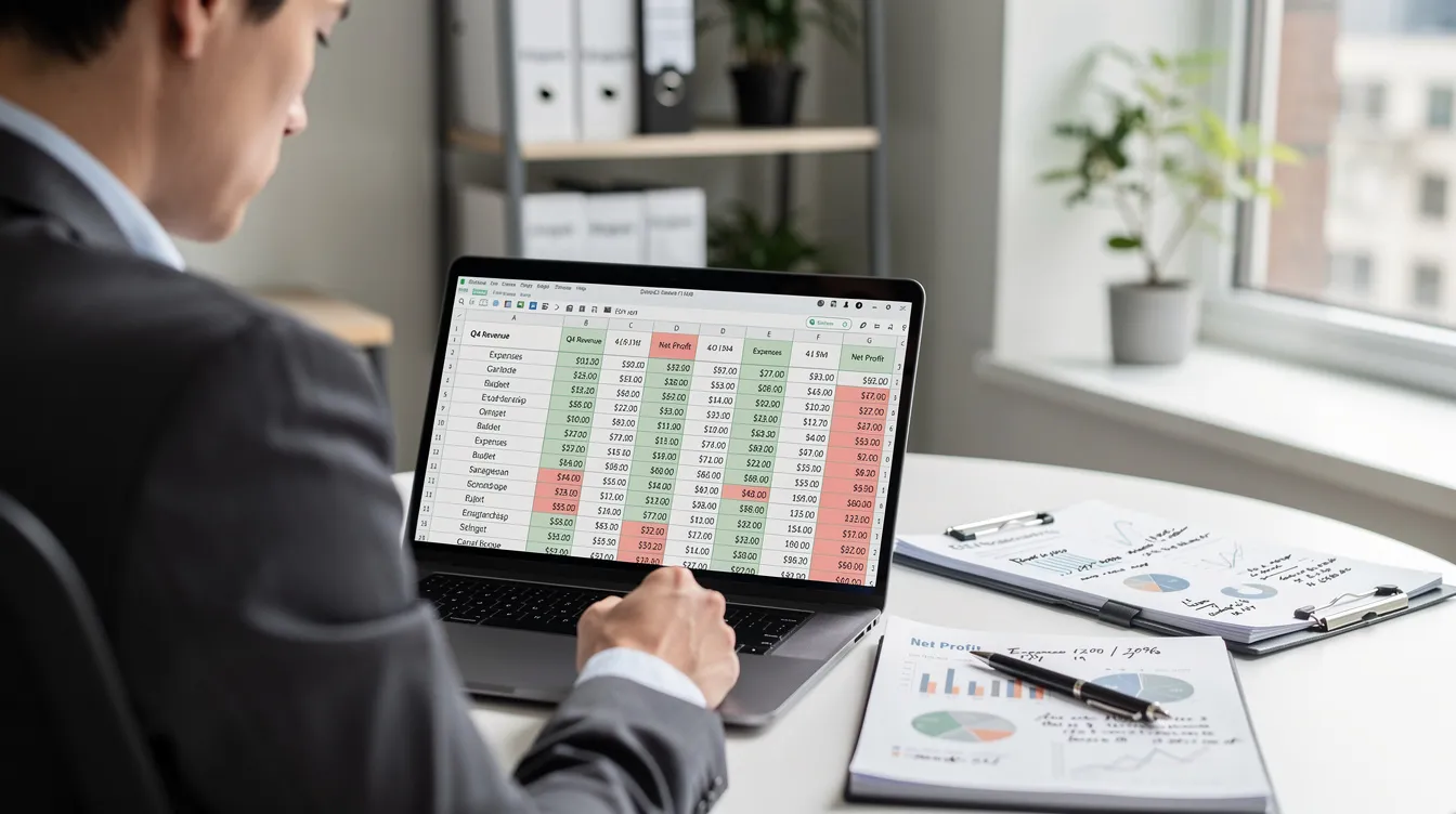 A professional is intently reviewing a detailed financial spreadsheet on a laptop screen, which includes various real estate syndication fees such as asset management fees and acquisition fees. The setting suggests a focus on investment decisions and financial analysis in the realm of passive real estate investing.