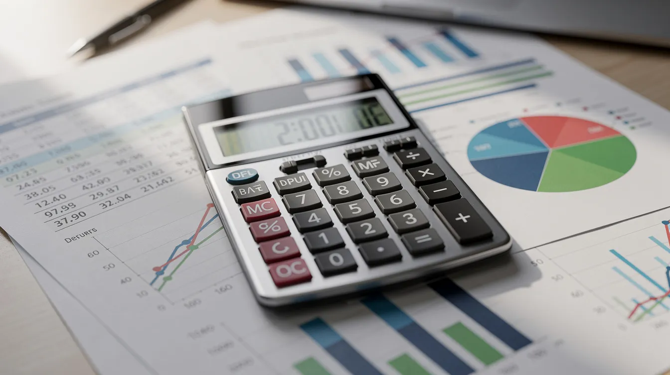 The image shows a calculator resting on top of various financial documents and charts, illustrating concepts related to real estate syndication and investment fees. The documents likely include details on asset management fees, acquisition fees, and other important financial metrics relevant to real estate investors.