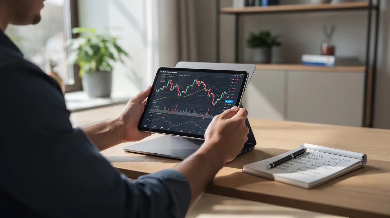 A person is seated at a modern home office desk, intently reviewing financial charts on a tablet, which likely includes data related to venture capital investments and portfolio companies. The setting reflects a professional atmosphere, suitable for analyzing investment opportunities in early stage companies and venture capital deals.