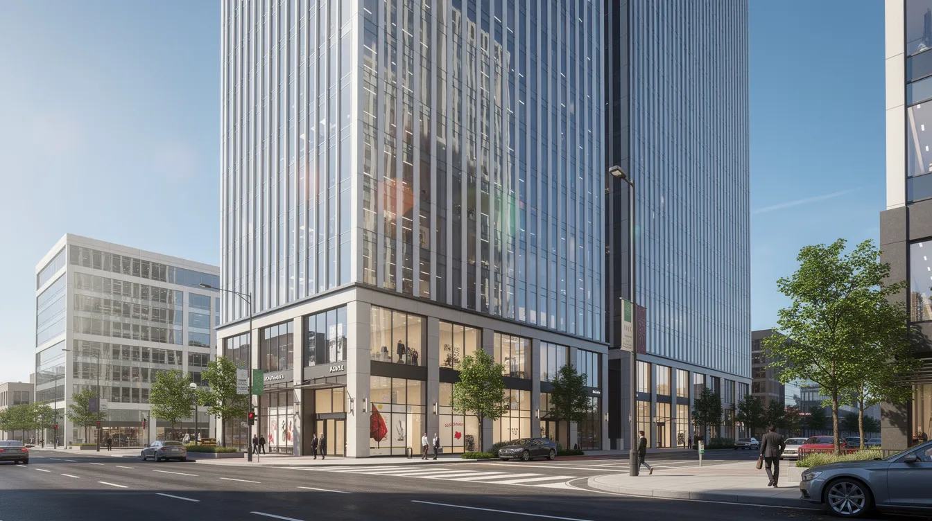 The image depicts modern commercial real estate buildings viewed from street level on a clear day, showcasing sleek architecture and vibrant urban life. This setting highlights potential investment opportunities in real estate, which can be part of a self-directed IRA or retirement portfolio for alternative investments.