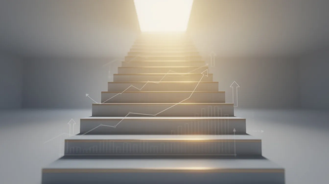 The image depicts an ascending staircase illuminated by sunlight at the top, symbolizing the stages of business growth, particularly in the context of private equity and venture capital. This visual metaphor highlights the journey of startups and portfolio companies as they navigate through investments and management changes to achieve success in the market.