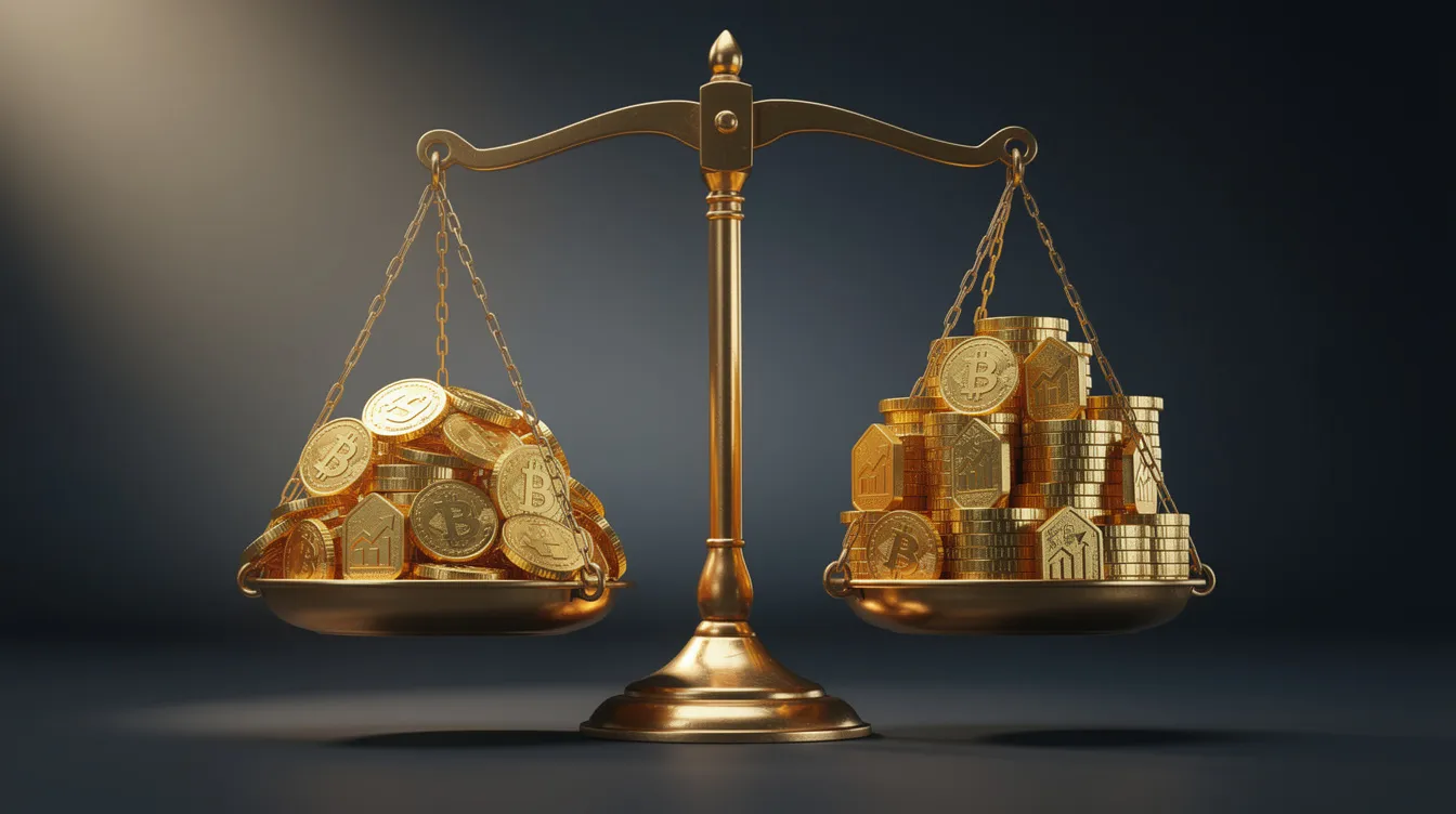 The image depicts a balanced scale, with gold coins on one side symbolizing the risk and return tradeoffs in investing. This visual metaphor illustrates the delicate balance that private equity firms and venture capital investors must navigate when assessing potential investments in portfolio companies.