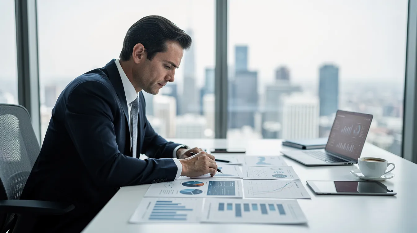 A business professional is seated at a desk, intently reviewing charts and financial documents, likely related to private equity investments and portfolio companies. The workspace is organized, reflecting a focus on analyzing data to support strategic decisions in the finance sector.