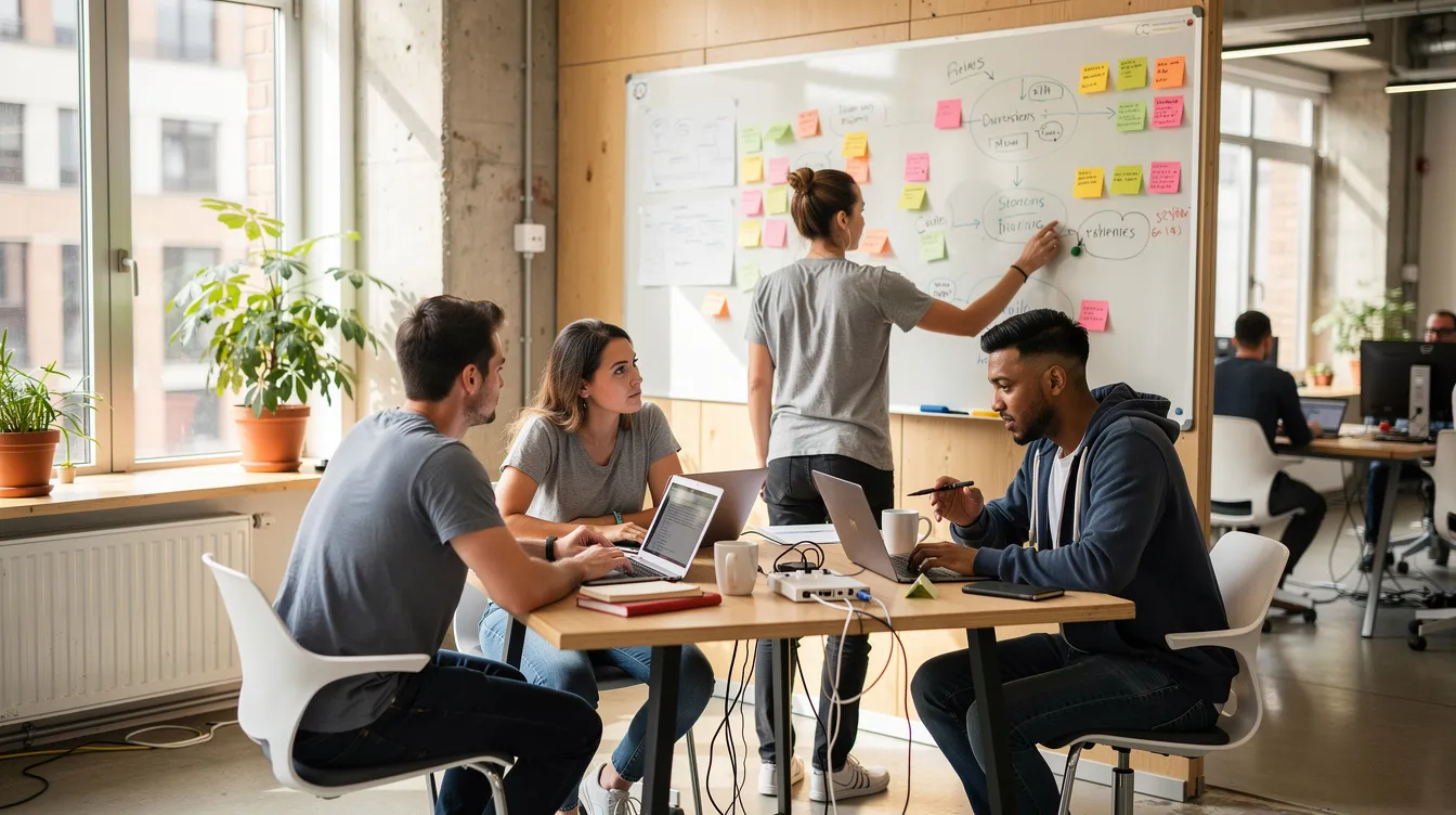 A small team collaborates in a modern startup office, surrounded by laptops and whiteboards, embodying the dynamic environment of early stage companies. This scene reflects the venture capital industry, where innovative businesses seek strategic guidance and investment opportunities from venture capitalists and institutional investors.