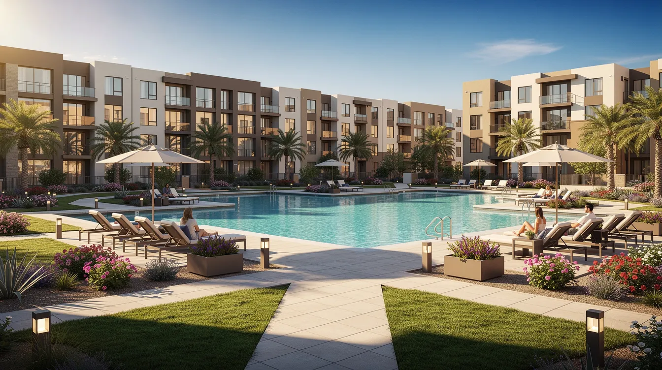 The image depicts a modern apartment community featuring a stylish pool area, surrounded by beautifully landscaped grounds in a vibrant Sun Belt city. This setting highlights attractive real estate investment opportunities, ideal for both accredited and non-accredited investors looking to explore the real estate market.
