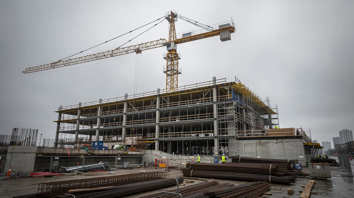 The image depicts a large construction crane rising above a partially constructed commercial building, set against a backdrop of overcast skies. This scene reflects ongoing developments in the commercial real estate market, which may be influenced by factors such as rising interest rates and cap rates, impacting property values and investment strategies.