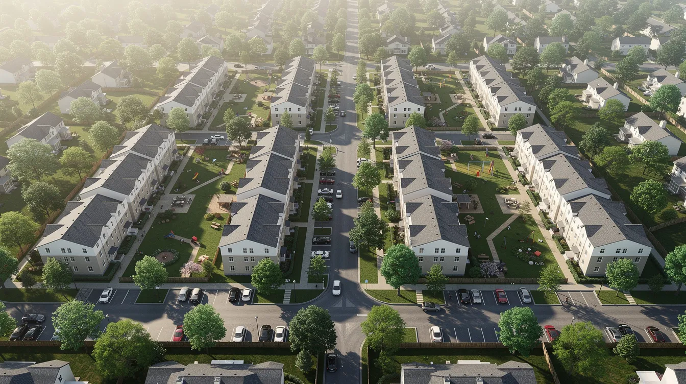 An aerial view showcases rows of multifamily apartment buildings in a suburban neighborhood, highlighting the layout and density of residential properties. This scene reflects current trends in the commercial real estate market, particularly in relation to rising interest rates and their impact on property values and cap rates.