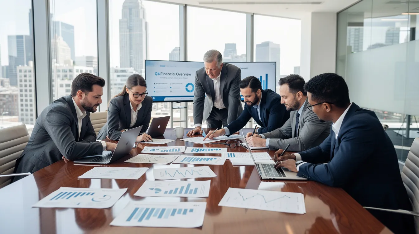 A group of professionals is gathered around a conference table, intensely reviewing financial documents related to the commercial real estate market. Their discussion likely revolves around the impact of rising interest rates on property values and cap rates, as they analyze the effects of recent economic conditions on real estate assets.