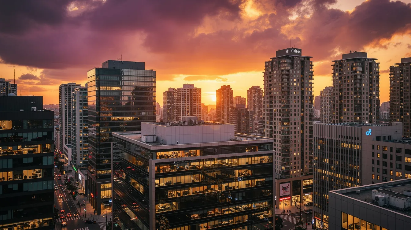 The image depicts a skyline of commercial office buildings and apartment towers in a major city during sunset, with dramatic clouds adding a vibrant backdrop. This scene reflects the current commercial real estate market, influenced by rising interest rates and their effect on property values and cap rates.