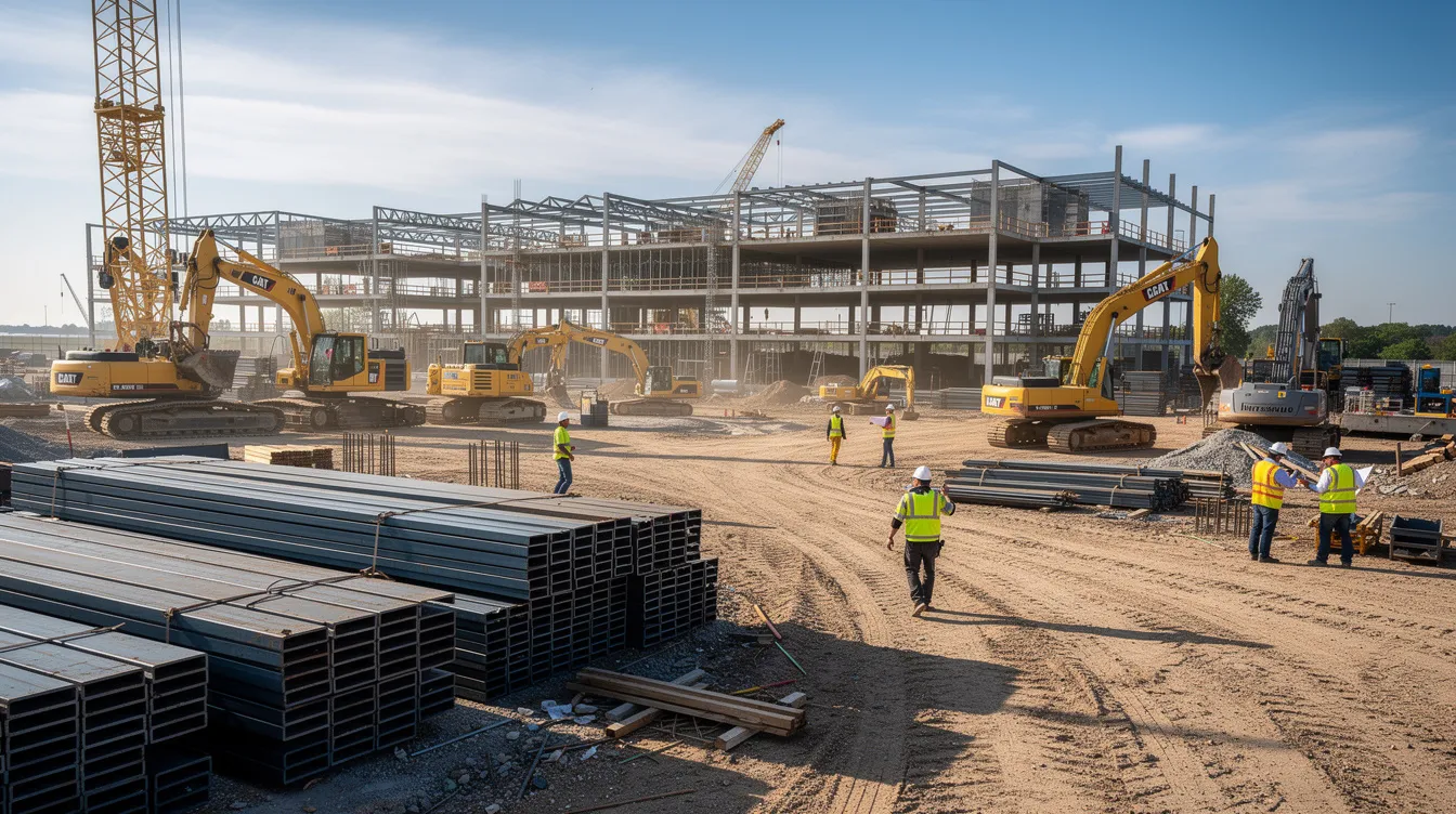 The image depicts a bustling construction site filled with heavy machinery, steel beams, and workers wearing hard hats, all under a clear daytime sky. This scene reflects the ongoing economic growth and infrastructure investments that can influence the performance of alternative assets such as real estate and private equity.