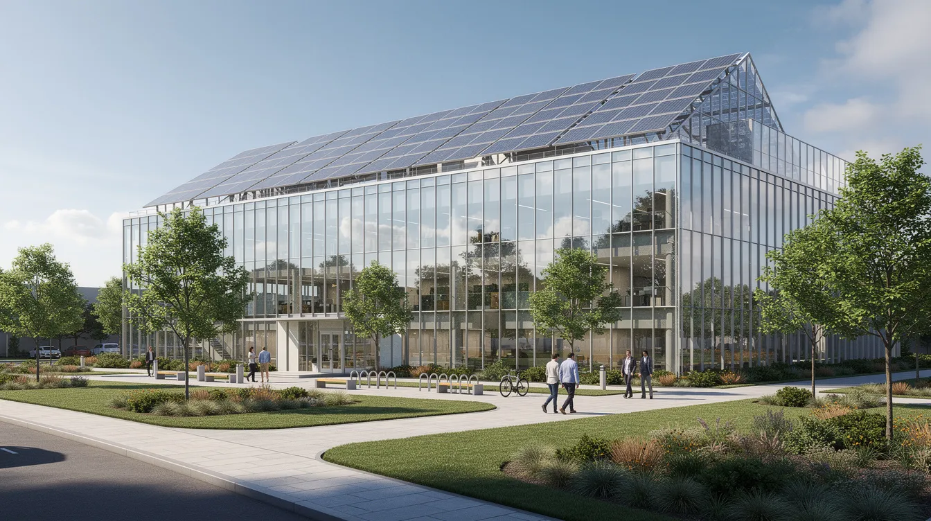 The image depicts a modern glass office building adorned with rooftop solar panels, set amidst lush green landscaping and pedestrian walkways, symbolizing a blend of sustainability and contemporary architecture. This setting reflects the growing importance of alternative investments, such as real estate and infrastructure assets, in today's economic landscape.