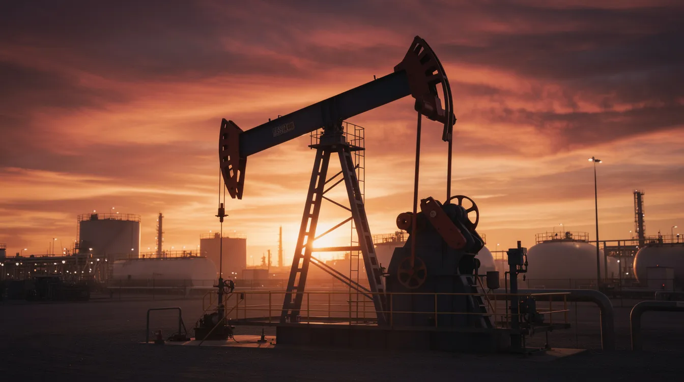 The image features an oil pump jack silhouetted against a vibrant sunset sky, with industrial infrastructure visible in the background. This scene highlights the connection between natural resources and alternative investments, such as real estate and private equity, which can be influenced by fluctuations in oil prices.