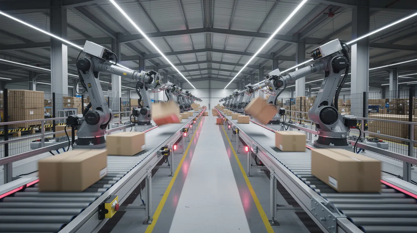 The image depicts the interior of an automated warehouse, featuring robotic arms efficiently sorting packages on conveyor belts, illustrating the impact of artificial intelligence on productivity gains in the logistics sector. This advanced technology highlights how AI tools are transforming operational models within the commercial real estate industry.