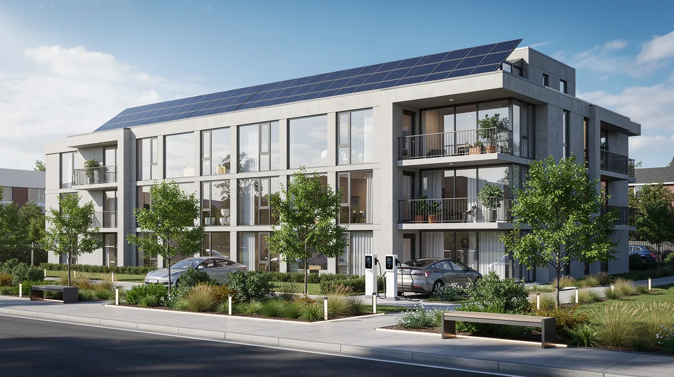 The image depicts a modern smart apartment building featuring solar panels and lush green landscaping, symbolizing the integration of sustainable technology in the real estate industry. This design reflects the growing demand for eco-friendly living spaces, highlighting the positive impact of artificial intelligence and innovative solutions on commercial real estate.