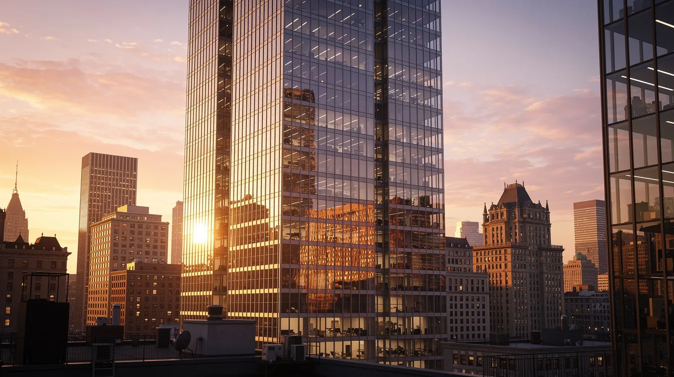The image depicts a modern glass office tower reflecting the vibrant colors of a city skyline at sunset, symbolizing the dynamic nature of the commercial real estate industry. This scene highlights the influence of artificial intelligence on real estate demand and investment strategies, showcasing how AI tools are reshaping urban landscapes and firm operations.