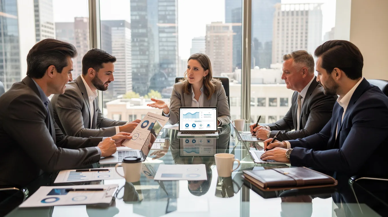 VC fund investment committee reviewing portfolio company materials in a glass-walled conference room