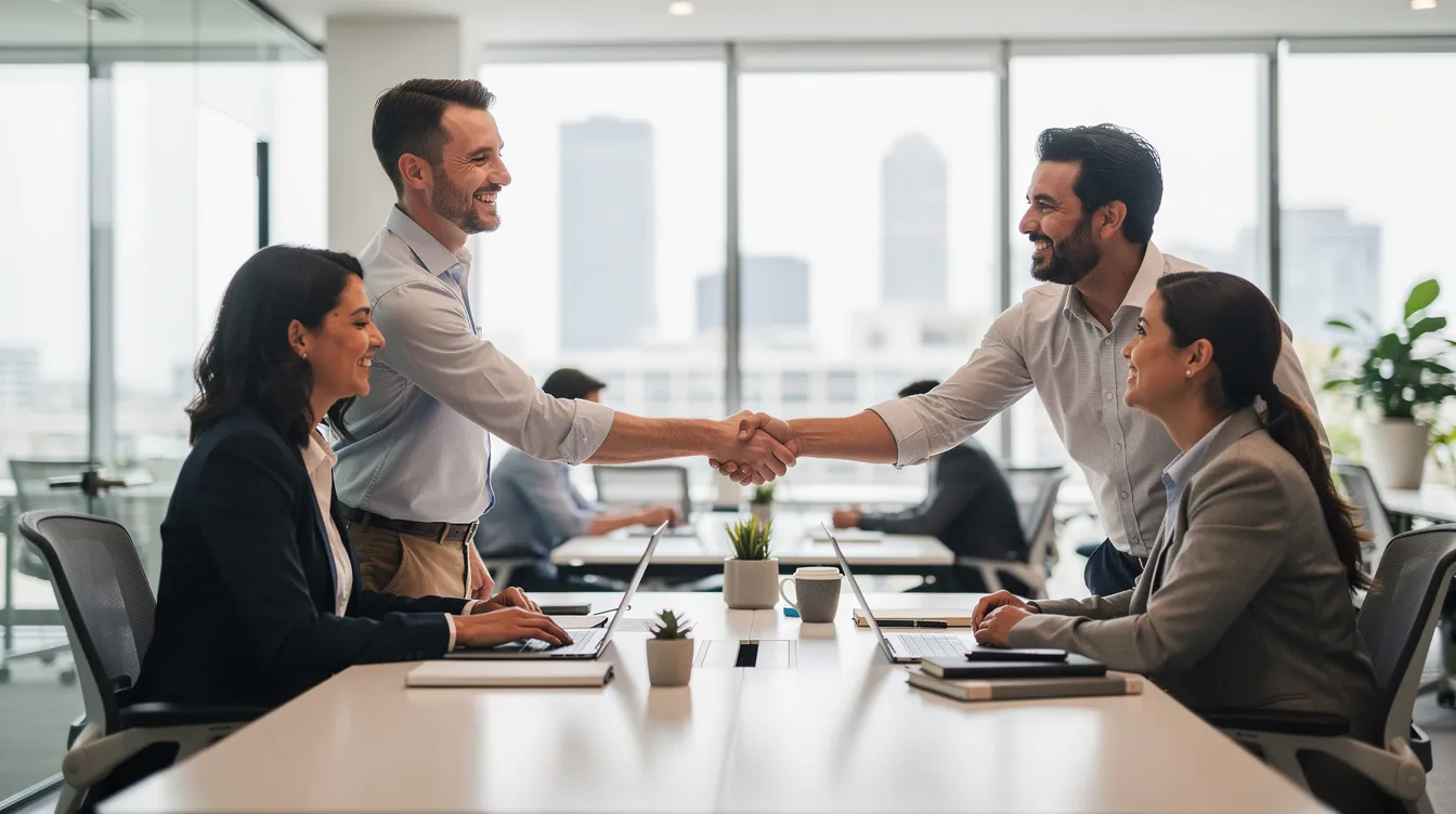 Accredited investor and venture capital fund manager shaking hands across a conference table after a commitment