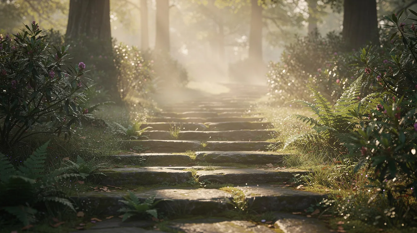 The image depicts a serene garden pathway with stone steps leading upwards, surrounded by lush greenery and shrouded in mist, as gentle sunlight filters through the trees overhead. This tranquil scene evokes a sense of calm and connection to nature, reminiscent of the careful navigation required in the secondary market of private equity investments.