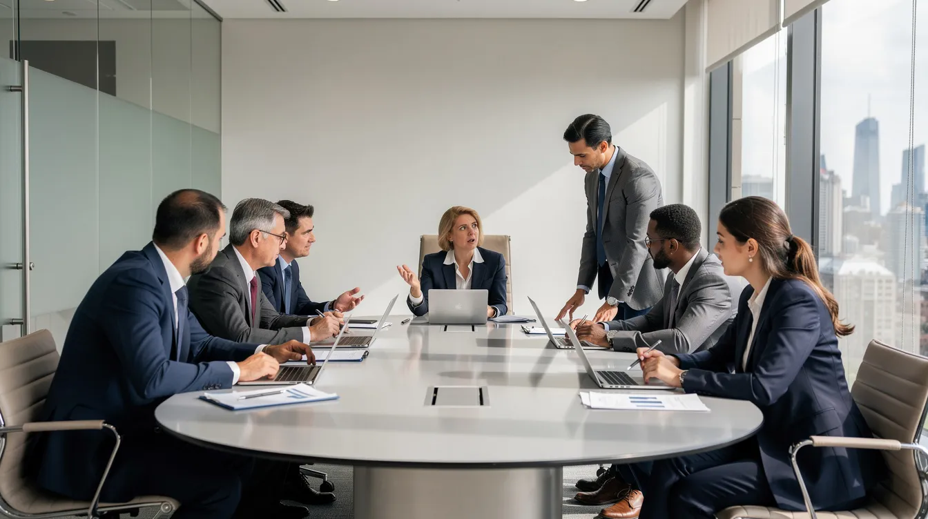 A diverse group of professionals is engaged in a focused discussion around a large oval conference table in a modern office, featuring floor-to-ceiling windows that provide a bright view of the city. This setting reflects a collaborative environment typical of private equity and venture capital discussions, where secondary funds and investment strategies are explored.