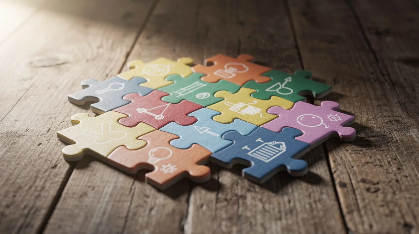 The image depicts interconnected puzzle pieces on a wooden table, symbolizing the integration of various components in private equity and venture capital secondaries. This visual represents the collaboration of different elements coming together to form a cohesive investment strategy, highlighting the importance of secondary transactions and capital deployment in the private markets.